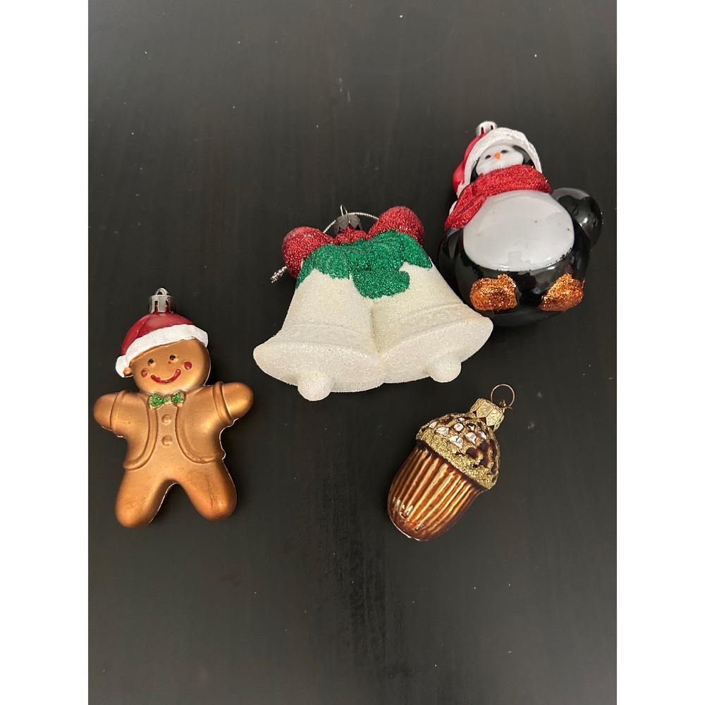 Ornaments Christmas Glitter Penguin Gingerbread Nut Acorn Bells Mixed Lot